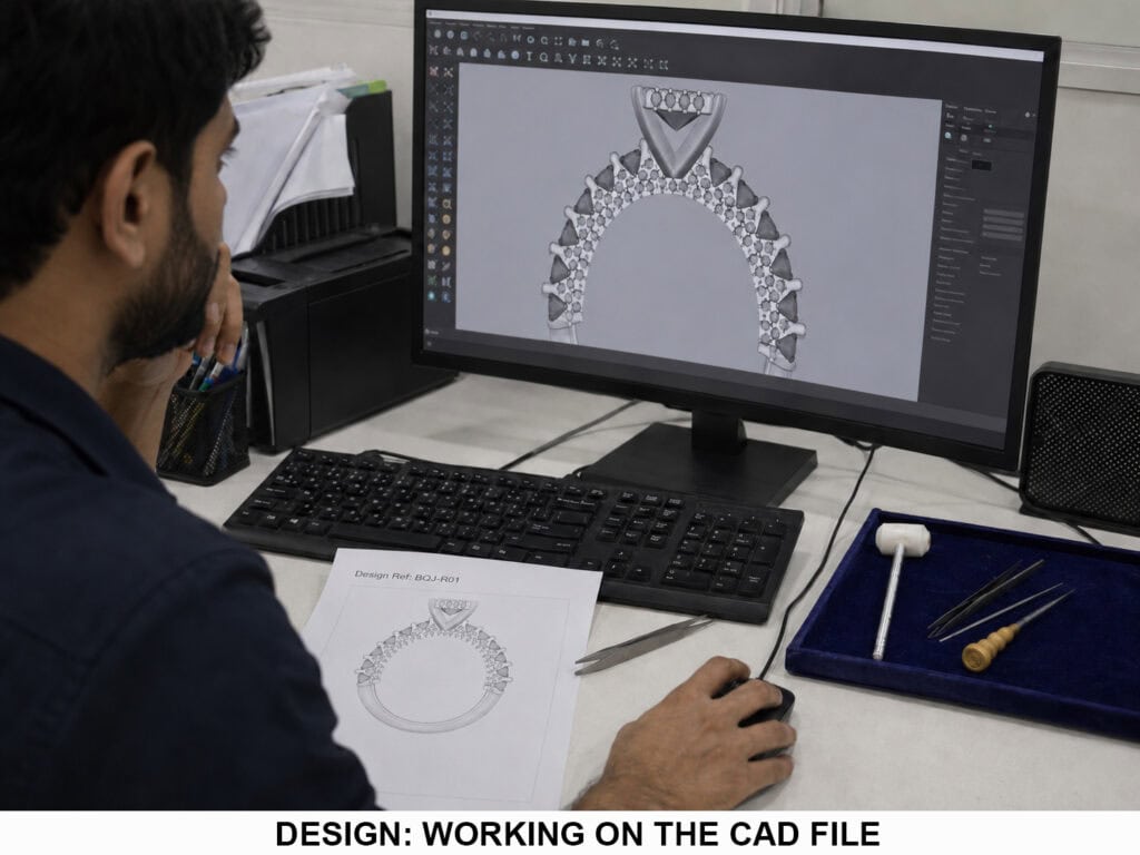 Jewelry design stage — sketching and CAD