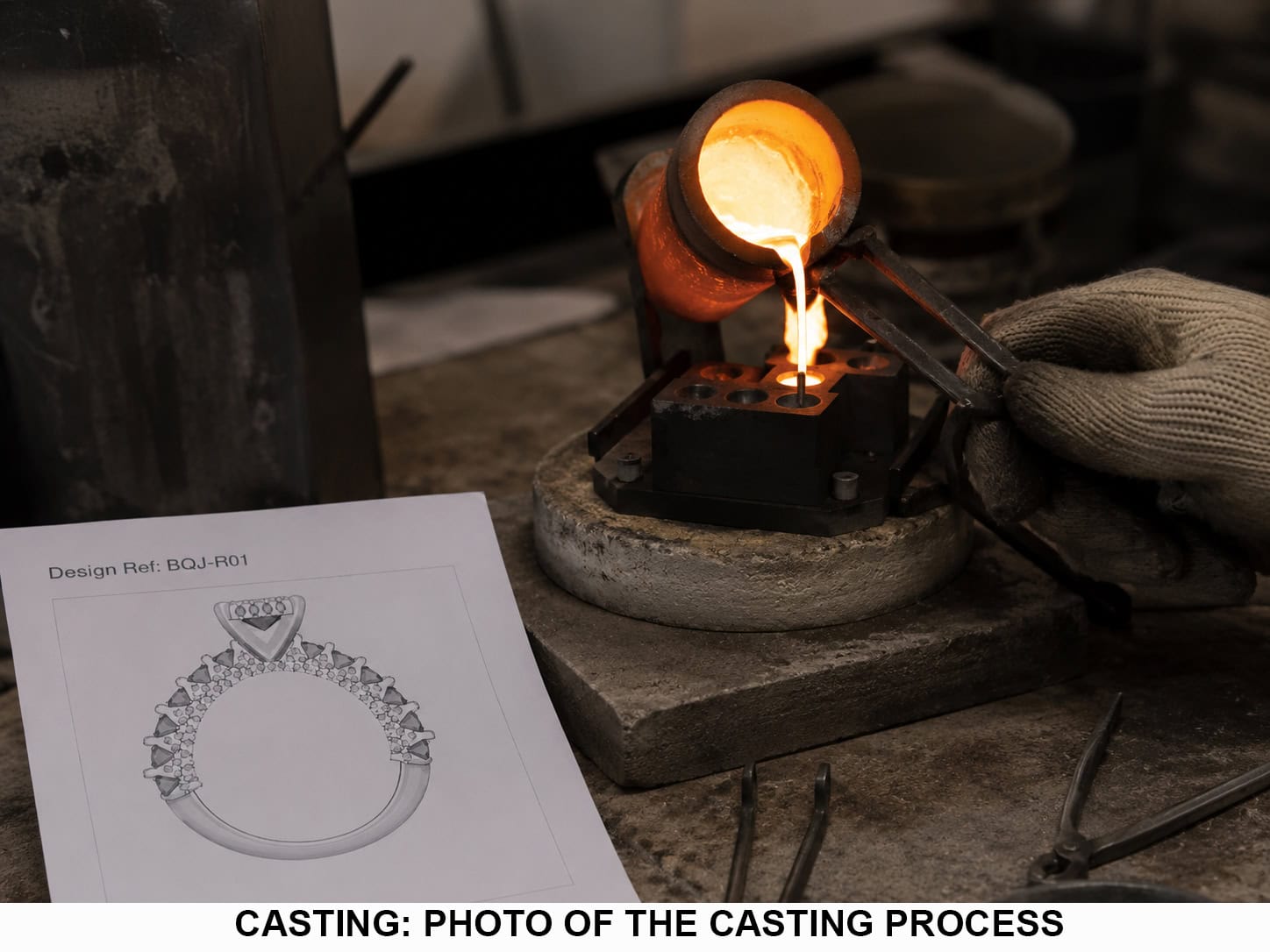 Stage three: molten precious metal being poured during casting