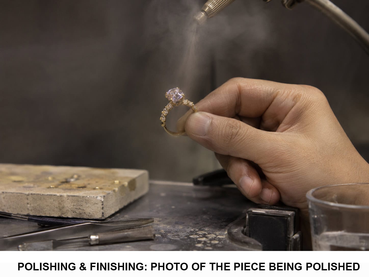 A Bluequeen ring being polished and finished by hand in the workshop