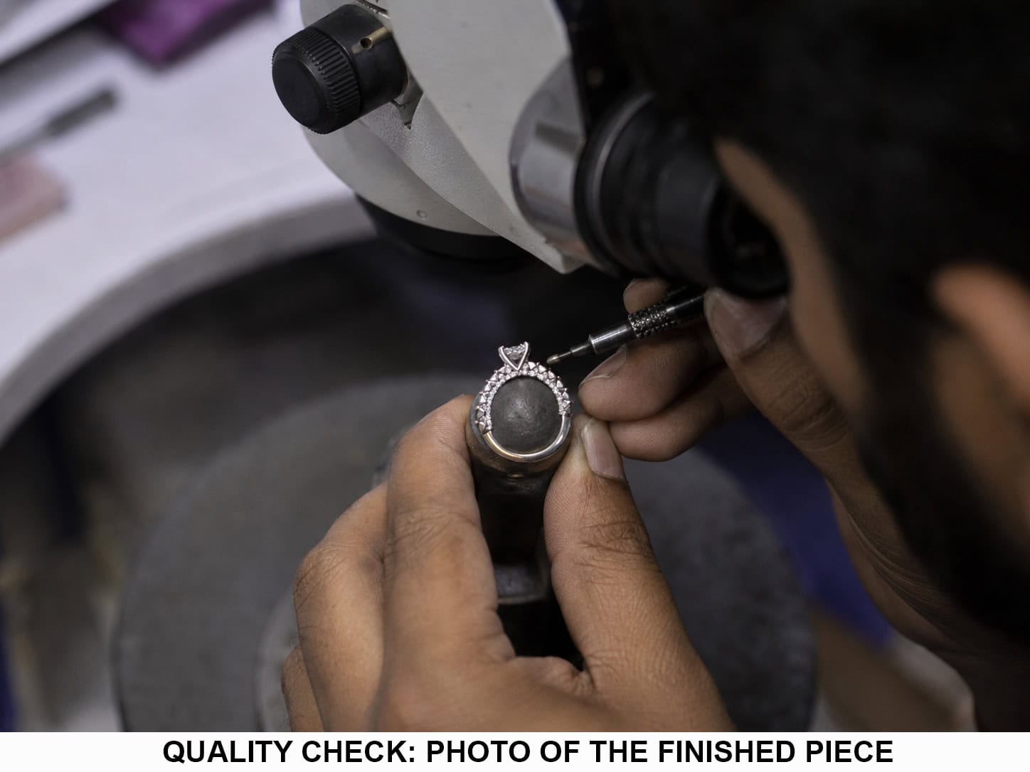 Quality control check on finished lab-grown diamond jewelry before shipment, with stone type recorded on the paperwork