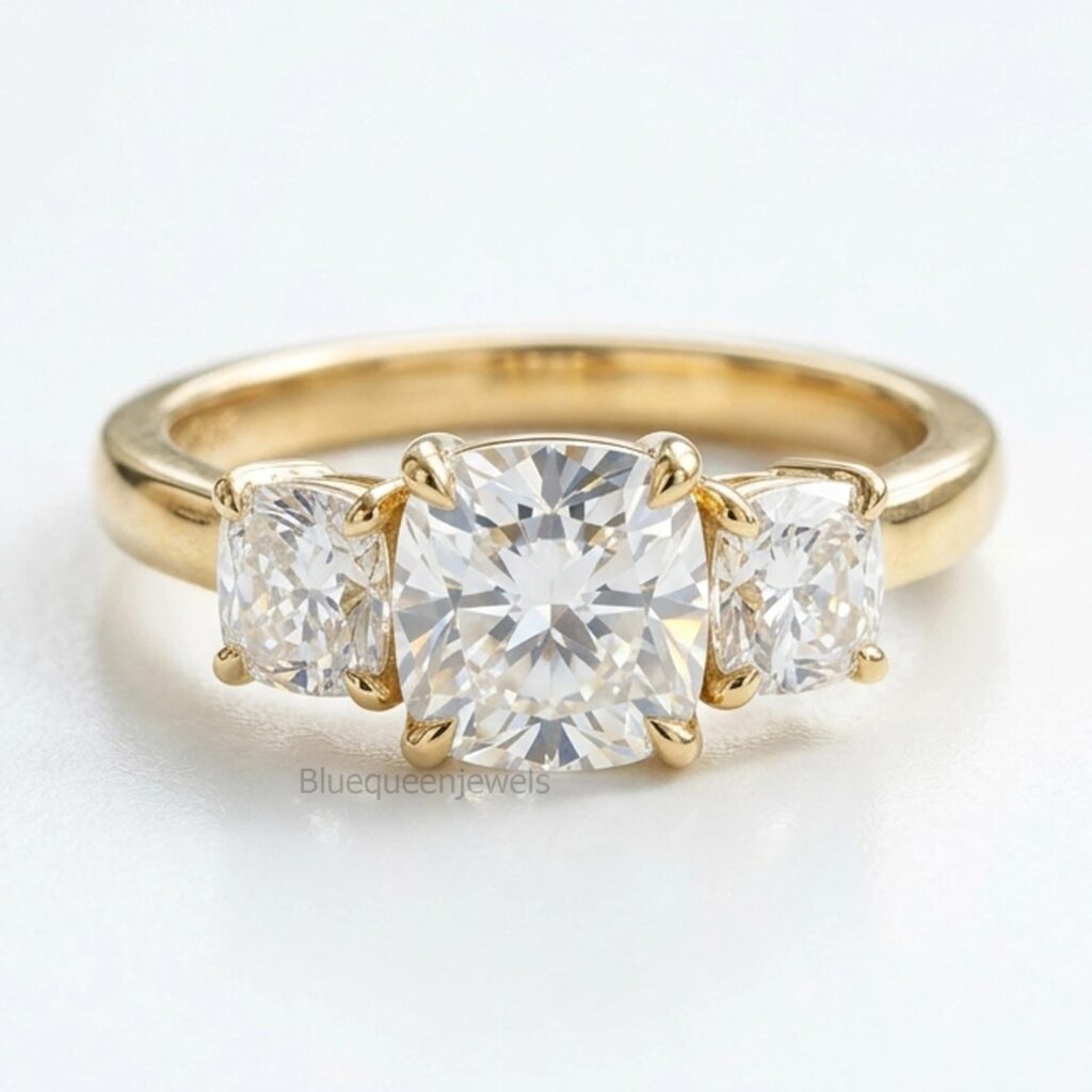 Three-stone cushion cut ring available in 925 silver and solid gold