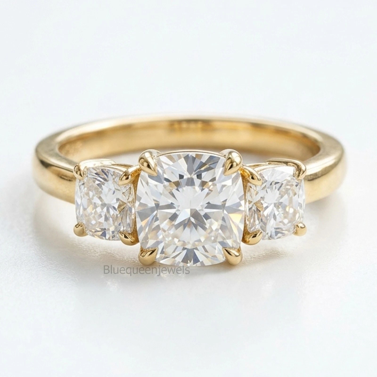 Three-stone cushion cut ring available in 925 silver and solid gold