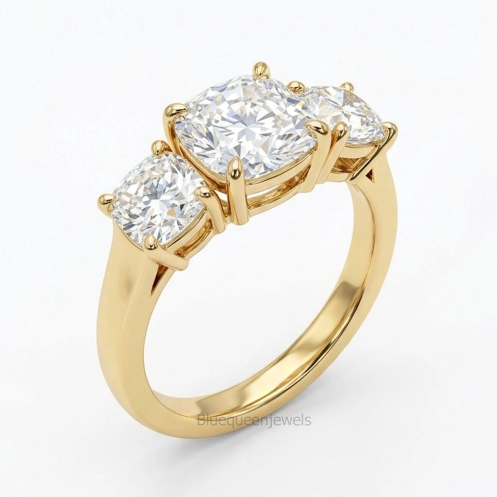 Cushion cut three-stone lab-grown diamond engagement ring
